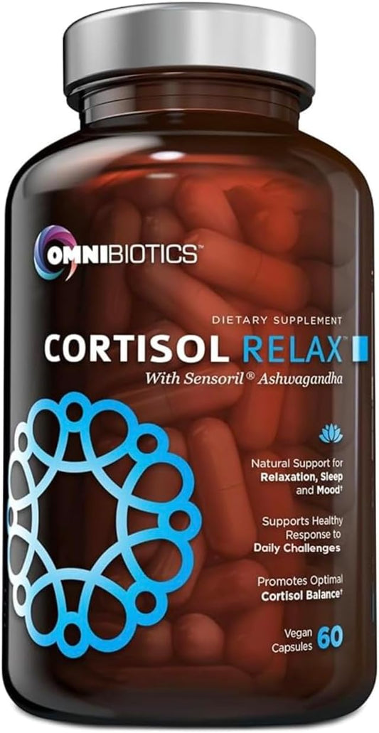 OmniBiotics Cortisol Supplement for Women and Men - High Cortisol Manager with Ashwagandha, L-Theanine, Magnolia Extract, Phosphatidylserine to Support Relaxation, Calm, Detox - 60 Vegan Capsules