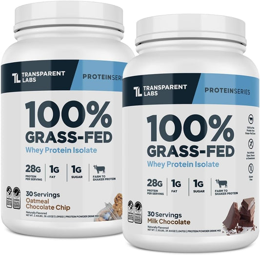 Transparent Labs Grass-Fed Whey Protein Isolate (30 Servings, Milk Chocolate) & Grass-Fed Whey Protein Isolate (30 Servings, Oatmeal Chocolate Chip Cookie)