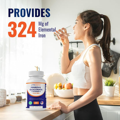 Vitamatic Ferrous Gluconate 324 mg + Vitamin C 100 mg - No Artificial Color Additives - Gentle on Stomach - 250 Tablets - Made in USA