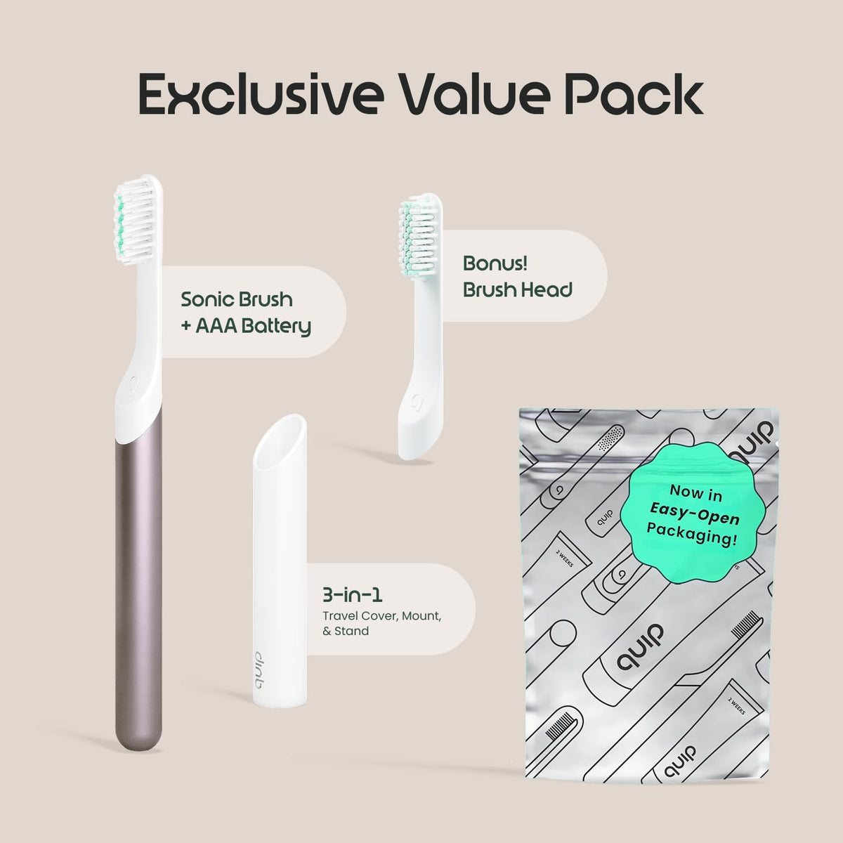 Quip Sonic Electric Toothbrush, Extra Brush Head, Metal Handle, Slate
