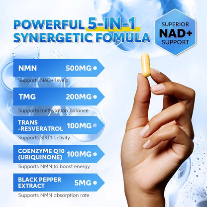 NMN 500mg Capsules, 5-in-1 with Resveratrol, TMG & CoQ10, 60 Count | Supports Cellular Energy Support, Healthy Aging Support, DNA Repair and NAD+ Production, Daily Supplement, Non-GMO