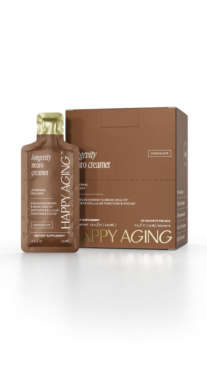 Happy Aging Liposomal Nootropic Coffee Creamer | 200mg L-Theanine, 200mg L-Tyrosine, 135mg Magnesium, 2.5g MCT Oil | Brain Focus & Energy | 30 Liquid Sachets | Vanilla & Chocolate | Vegan Keto