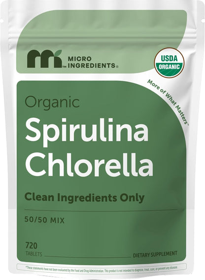 Micro Ingredients Organic Spirulina Chlorella Tablets, 720 Count | 4 Month Supply | 50/50 Algae Blend | Broken Cell Wall | Non-GMO, Filler Free