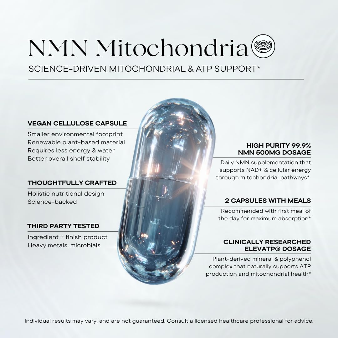 NMN Mitochondria Supplement - NMN 500mg, NAD+ & ATP Support for Cellular Vitality and Longevity - Clinically Tested elevATP, Resveratrol, CoQ10, Alpha Lipoic Acid - 90 Veggie Capsules
