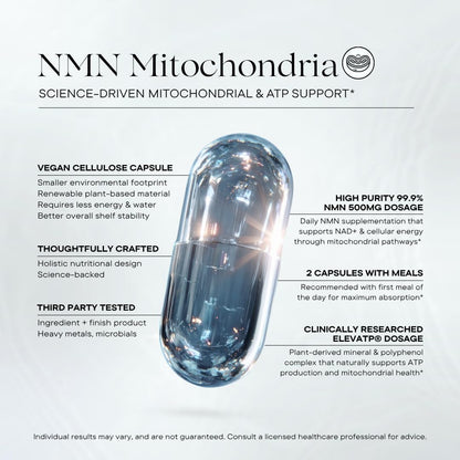NMN Mitochondria Supplement - NMN 500mg, NAD+ & ATP Support for Cellular Vitality and Longevity - Clinically Tested elevATP, Resveratrol, CoQ10, Alpha Lipoic Acid - 90 Veggie Capsules