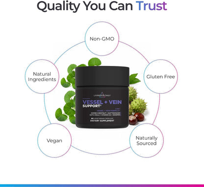 Livingood Daily Vessel & Vein Support, Circulation & Vein Support Supplement with Diosmin, Horse Chestnut, Nattokinase, Gotu Kola & Vitamin K2, Vascular & Vein Health Formula, Gluten Free, 60 Capsules