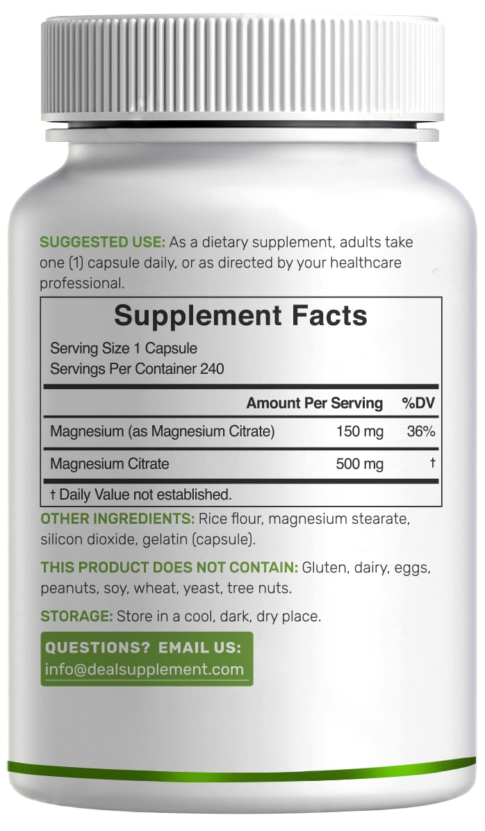 Deal Supplement Magnesium Citrate 500mg, 240 Capsules | One a Day, Easily Absorbed, Purified Trace Mineral – Non-GMO