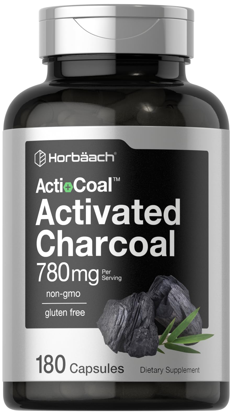 Horbaach Charcoal Pills 780mg | 180 Capsules | Activated Charcoal from Coconut Shells 