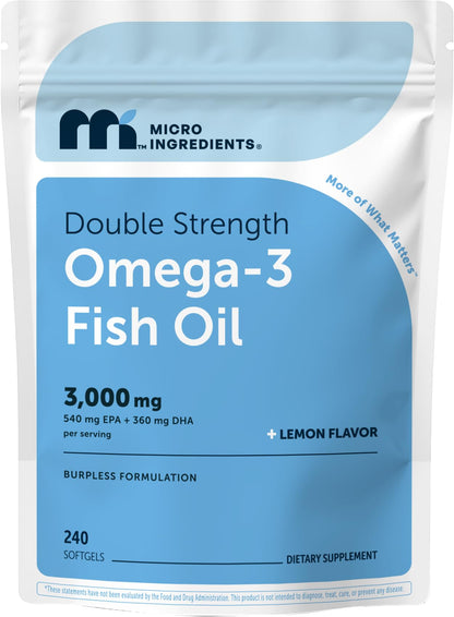 Micro Ingredients Omega 3 Fish Oil Supplements 3,000mg Per Serving, 240 Softgels | Lemon Flavored – Burpless | EPA 540mg + DHA 360mg | Deep Sea Fish