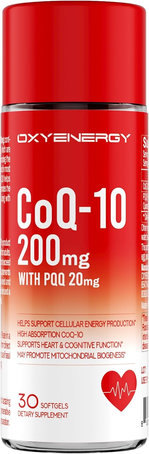 OxyEnergy Coq 10 200mg with PQQ, High Absorption Coenzyme Q10 with BioPerine, Gluten Free, Coenzyme Q10 Supplement for Heart Health&Energy Support, 30 Softgels, 30 Day Supply