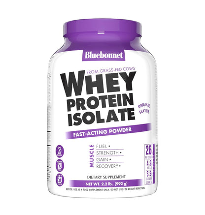 BlueBonnet Nutrition Whey Protein Isolate Powder From Grass Fed Cows, 26g of Protein, No Sugar Added, Gluten & Soy free, kosher Dairy, 2 Lbs, 28 Servings, French Vanilla Flavor
