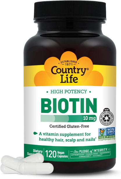Country Life High-Potency Biotin 10mg - Vegan & Gluten-Free Biotin Supplement for Skin & Nails, Energy Metabolism - Biotin 10000mcg Capsules