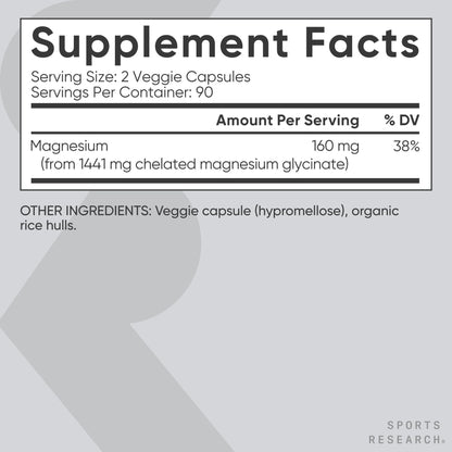 Sports Research® Magnesium Glycinate - Supports Restful Sleep & Enzymatic Processes - 160 mg Chelated Magnesium - Vegan Capsule - 90 Count