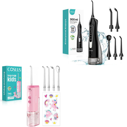 COSLUS Water Dental Flosser Teeth Pick: Cordless Oral Irrigator 300ML Rechargeable with Kids Portable Water Flosser