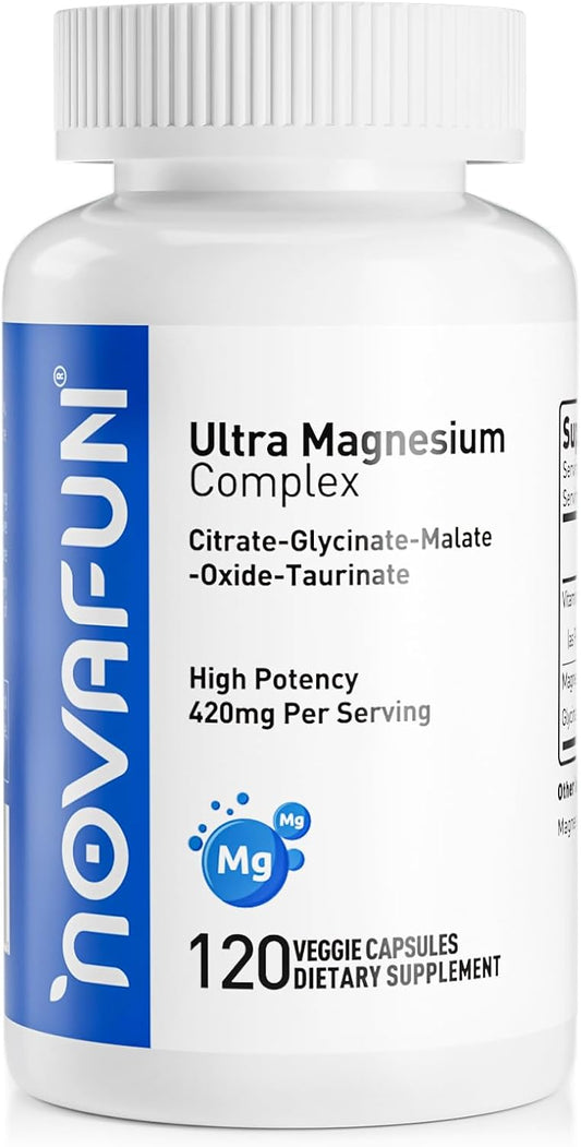 Magnesium B6 Supplement, 420mg Magnesium Complex, Citrate, Glycinate, Malate, Taurate, Oxide, Heart, Bone Support, Vegan,120 Capsules