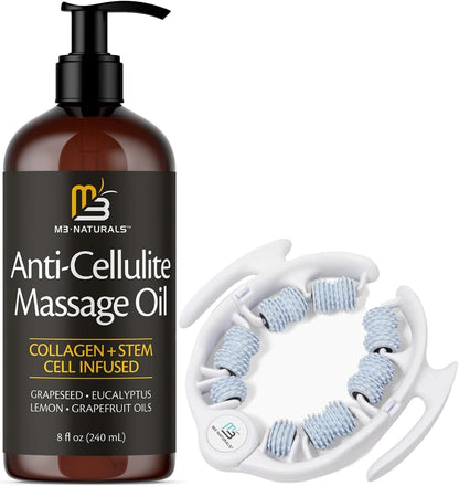 Anti Cellulite Body Massage Roller with Grip-Friendly Design & Anti Cellulite Body Massage Oil for Massage Therapy (8 Fl Oz)