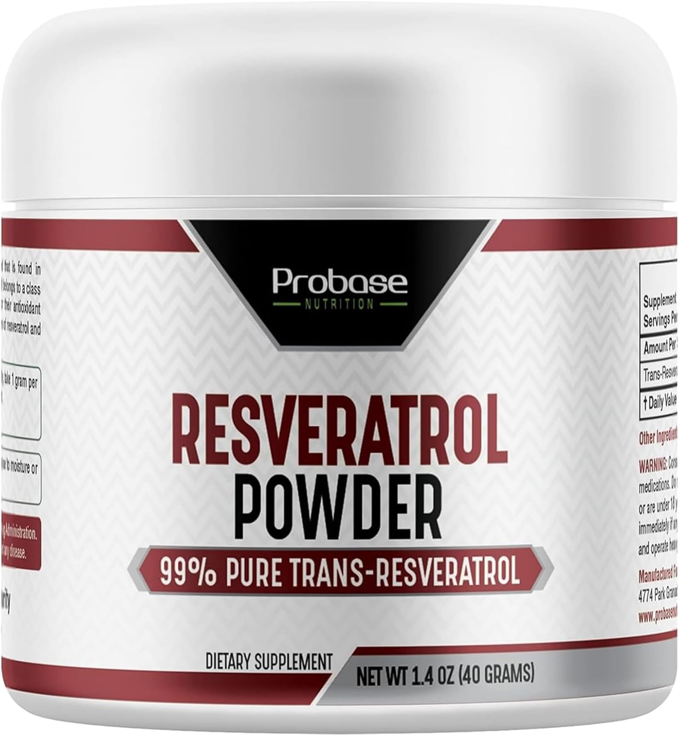 Probase Nutrition Trans Resveratrol Supplement, High Purity Resveratrol Powder for Age Support, 40-Day Supply, 40 Grams