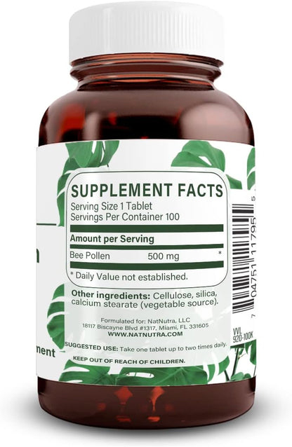 Natural Nutra Bee Pollen 500 mg, Helps Promote Vitality and Immune System, Improve Overall Health, Helps Improve Body Stamina, 100 Tablets