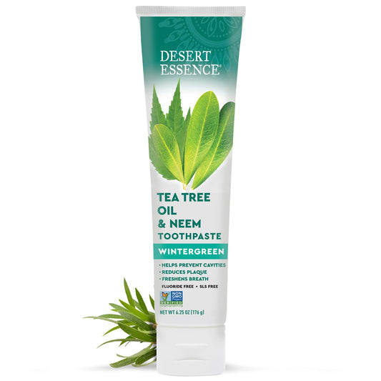 Desert Essence Tea Tree Oil & Neem Toothpaste - Fluoride-Free, Gluten-Free, SLS Free Formula - Vegan, Herbal Toothpaste for Plaque Reduction - Wintergreen Flavor, 6.25 oz