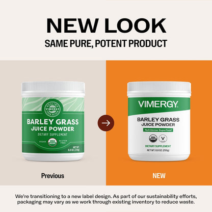 Vimergy Barley Grass Juice Powder Dietary Supplement - 4g per Serving (62 Servings) – Clean Superfood – Promotes Cardiovascular Health* – Organic, Vegan & Gluten-Free – Regular Size 250g