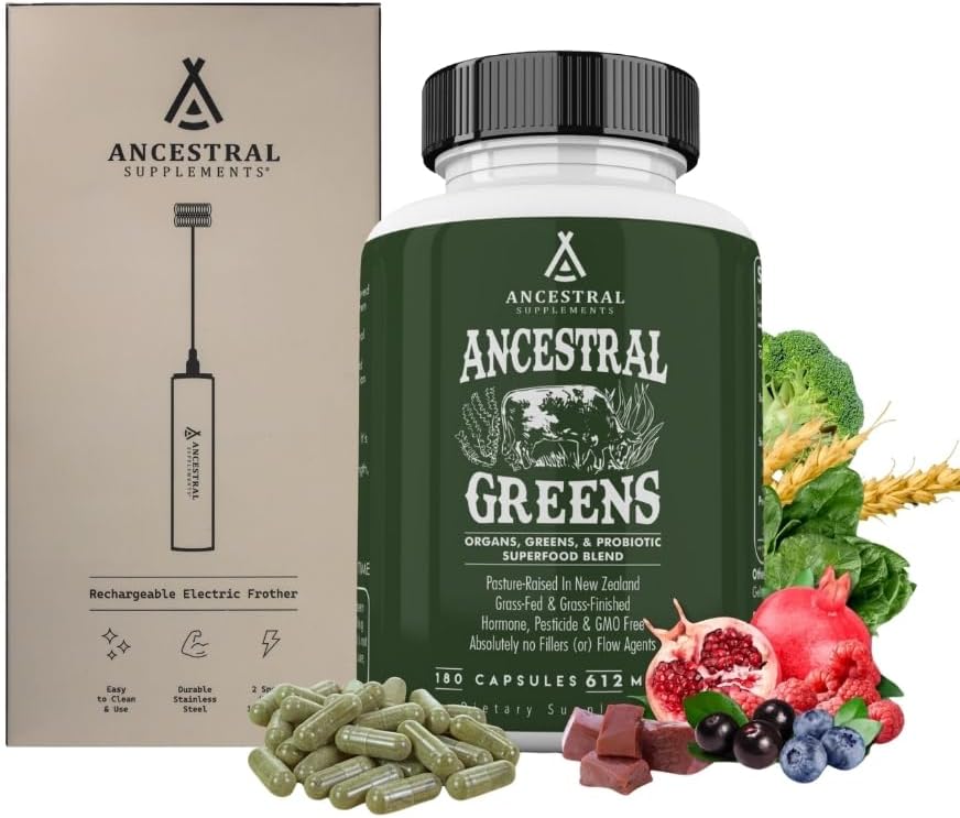 Ancestral Supplements Greens Bundle & Frother Wand – Organic Superfood Greens & Reds Blend with Spirulina, Chlorella, Grass Fed Beef Organs, and Probiotics for Gut Health, Rechargeable Electric Froth