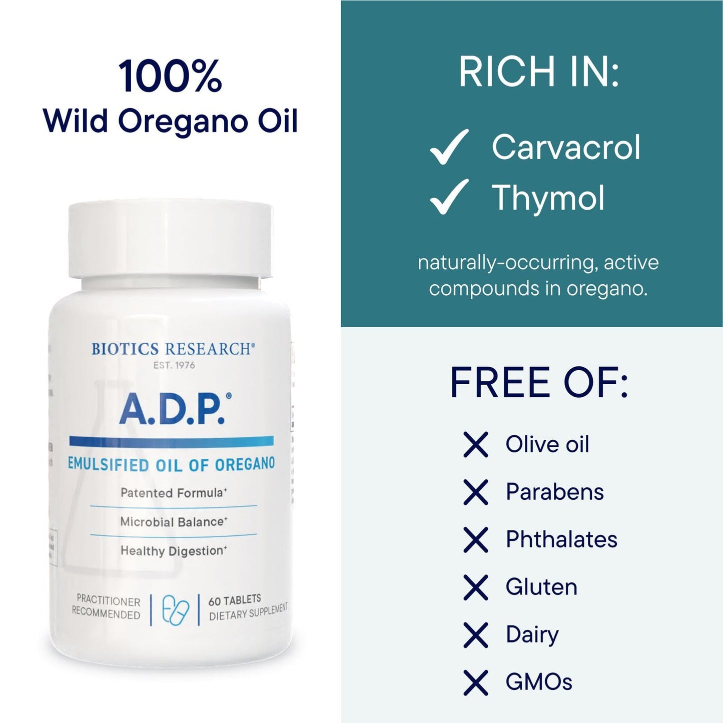 BIOTICS RESEARCH A.D.P. Emulsified Oil of Oregano Tablets for GI Health -Sustained Release for High Absorption Contains Carvacrol, Wild Oregano Oil 50mg/S - Patented Formula -Non GMO –120 Tablets