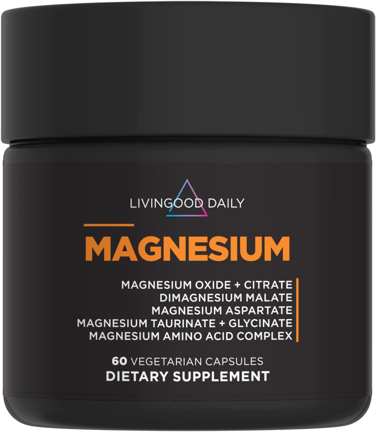 Livingood Daily Magnesium Supplement with Magnesium Glycinate, Citrate, Malate, Oxide, Aspartate, Amino Acid Complex and Chicory Root for Heart Health, Sleep and Muscle Support, 300mg, 60 Capsules