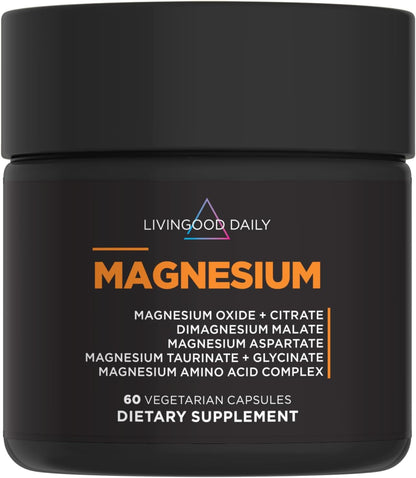 Livingood Daily Magnesium Supplement with Magnesium Glycinate, Citrate, Malate, Oxide, Aspartate, Amino Acid Complex and Chicory Root for Heart Health, Sleep and Muscle Support, 300mg, 60 Capsules