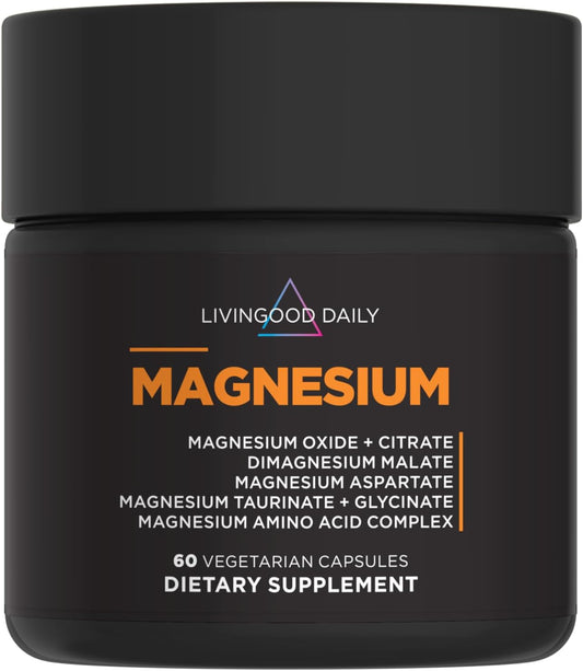 Livingood Daily Magnesium Supplement with Magnesium Glycinate, Citrate, Malate, Oxide, Aspartate, Amino Acid Complex and Chicory Root for Heart Health, Sleep and Muscle Support, 300mg, 60 Capsules