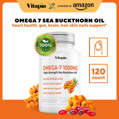 Omega 7 Sea Buckthorn Berry Oil 1000mg for Hair, Skin, Nails, Heart Health Support - 34% Palmitoleic Acid & Natural Omega 3 6 9 Fatty Acids Supplement - 120 Capsules, Non-GMO, Gluten-Free