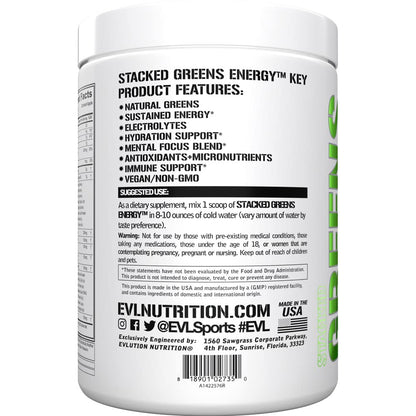 Evlution Greens and Superfoods Energy Drink Powder - EVL Super Greens Powder Smoothie Mix with Caffeine Spirulina Chlorella and Wheat Grass - Vegan - for Energy Focus and Immunity