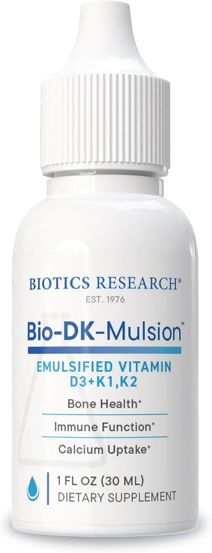 BIOTICS RESEARCH Bio-DK-Mulsion™–Emulsified Liquid Vitamin D and K, D3 Drops 125 mcg & Vitamin K (K1, K2) 300 mcg MK-7–Supports Stronger Bones, Musculoskeletal Strength, Healthy Heart & BMI 1 fl oz