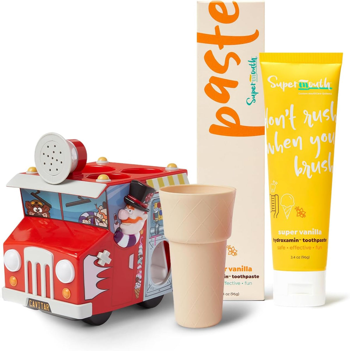 SuperMouth Kids Oral Care Bundle – Ice Cream Truck Organizer with Toothpaste Dispenser, Music & Lights + Fluoride-Free Toothpaste with Nano Hydroxyapatite, Safe & Fun for Kids, Vanilla