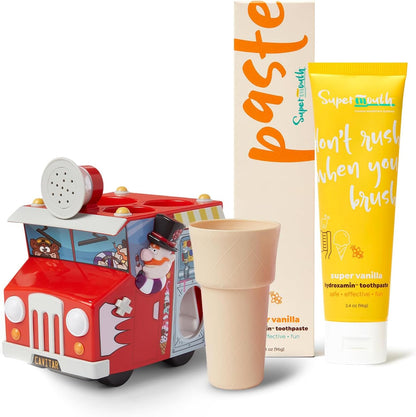 SuperMouth Kids Oral Care Bundle – Ice Cream Truck Organizer with Toothpaste Dispenser, Music & Lights + Fluoride-Free Toothpaste with Nano Hydroxyapatite, Safe & Fun for Kids, Vanilla