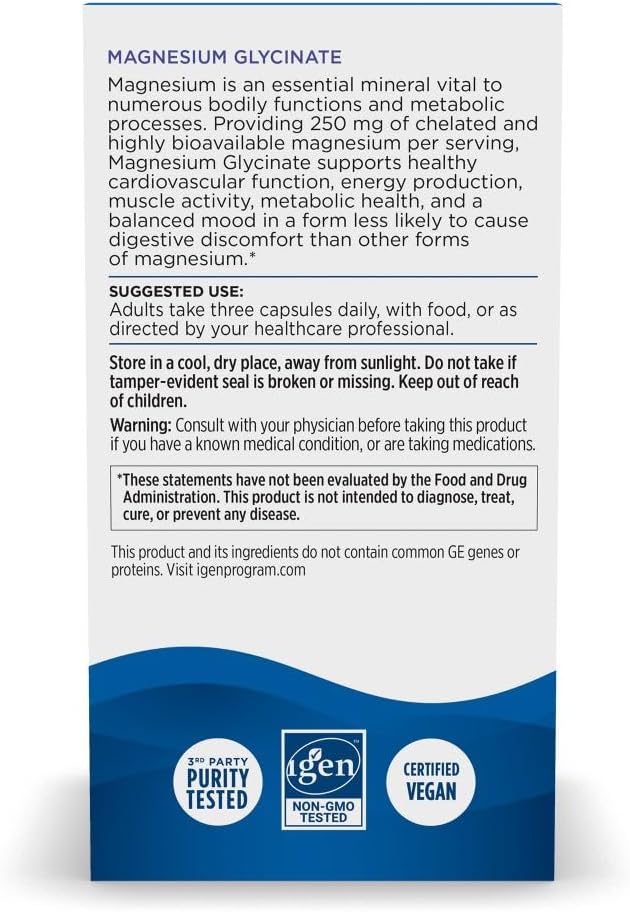 Nordic Naturals Magnesium Glycinate, 250mg - Vegetarian Capsules - 90 Count | 250mg Magnesium per Serving. Highly Bioavailable Glycinate Form. Muscle & Cardiovascular Support. Non-GMO. 30 Servings.