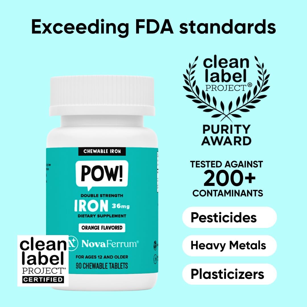 NovaFerrum Pow Chewable Iron Supplement 36mg for Anemic Teens & Adults 12+ | For Ages 12+ | Helps with Anemia and Iron Deficiency | Sugar Free, Vegan, Gluten Free Certified | 90 Servings