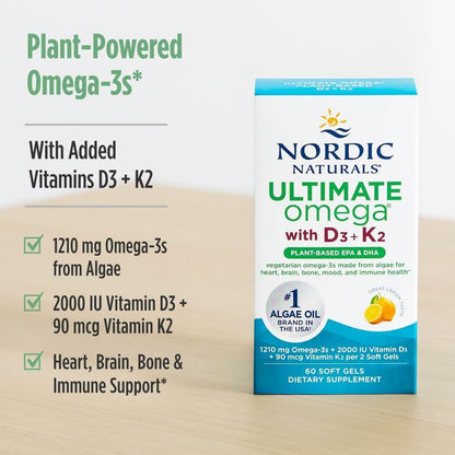 Nordic Naturals Plant-Based Omega-3 D3+K2, 1210mg, Vegan Softgels - 60 Count