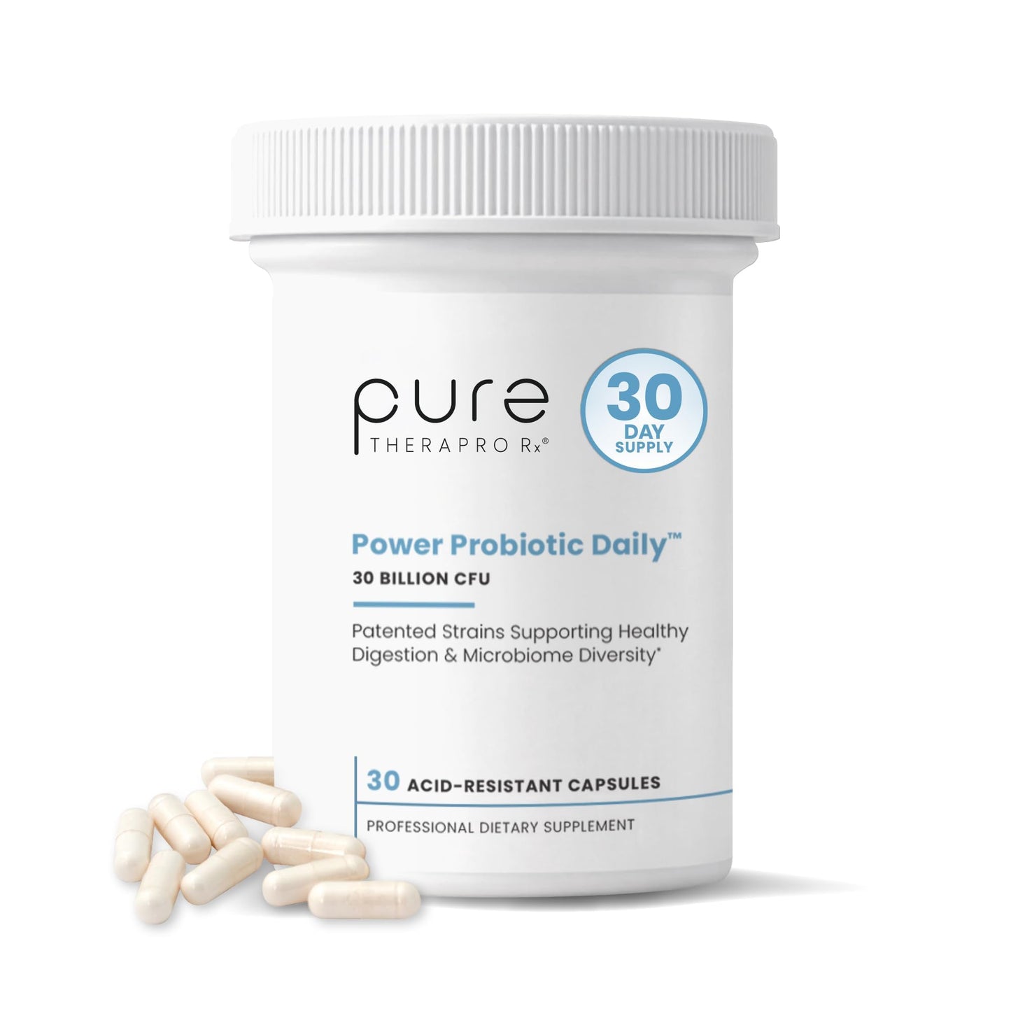 Pure Therapro Rx Power Probiotic Daily - 30 Acid-Resistant Capsules | 4 Proven Strains - 30 Billion CFU/Capsule | Patented Activ-Vial Desiccant Bottle to Ensure Freshness | NO Refrigeration Required