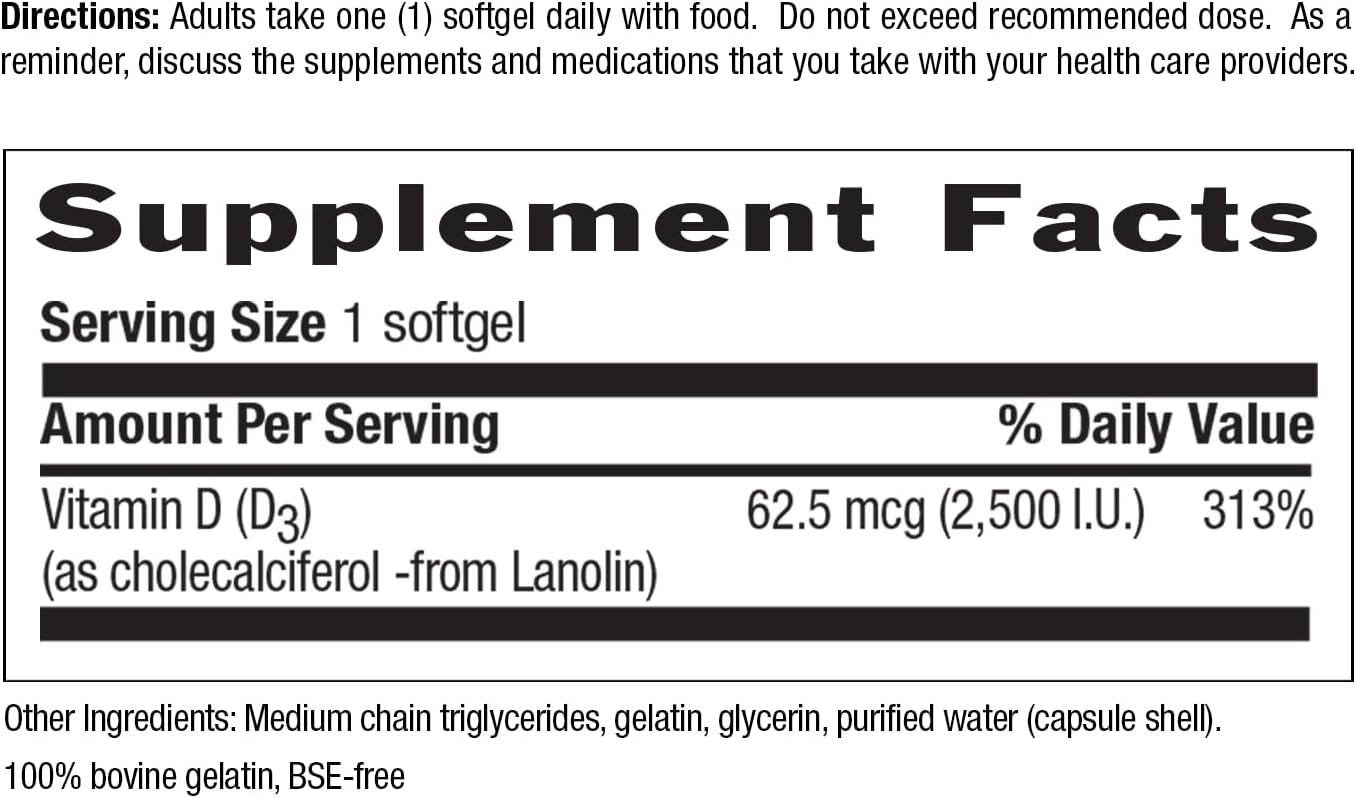 Country Life Vitamin D3 2500 IU – Non-Fish Derived, High Potency Vitamin D3 for Bone Strength, Immune Support & Calcium Absorption – Certified Gluten-Free, 200 Softgels