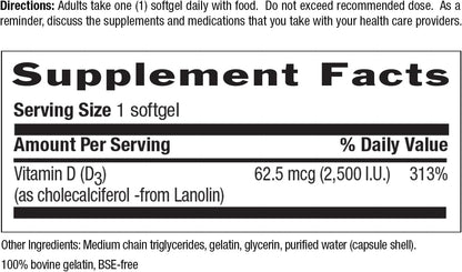 Country Life Vitamin D3 2500 IU – Non-Fish Derived, High Potency Vitamin D3 for Bone Strength, Immune Support & Calcium Absorption – Certified Gluten-Free, 200 Softgels