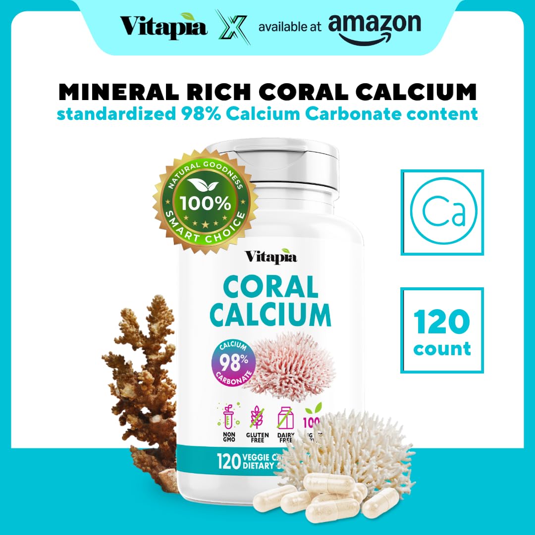 Vitapia Coral Calcium Powder 1000mg Capsules for Overall Health, Bone Health, PH Level Balance, Trace Minerals Support - 120 Veggie Capsules - Non-GMO & Gluten-Free Supplement