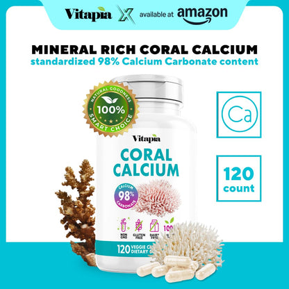 Vitapia Coral Calcium Powder 1000mg Capsules for Overall Health, Bone Health, PH Level Balance, Trace Minerals Support - 120 Veggie Capsules - Non-GMO & Gluten-Free Supplement