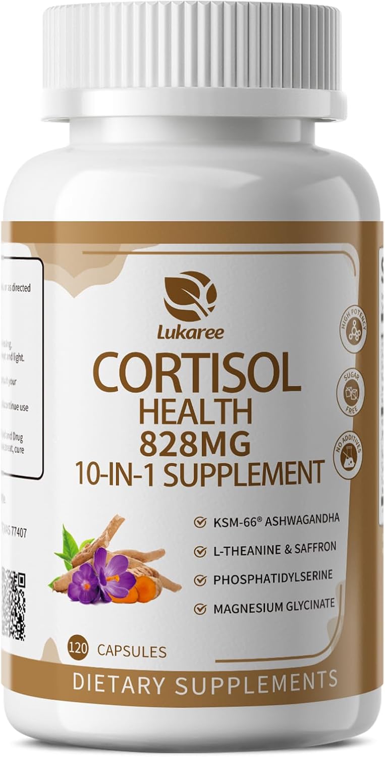 Lukaree Cortisol Supplements for Women and Men, with KSM-66® Ashwagandha | 10-IN-1 Cortisol Reducer with L-Theanine, Magnesium, Saffron & Phosphatidylserine, GMP Quality, 120 Capsules, 60-Day Supply