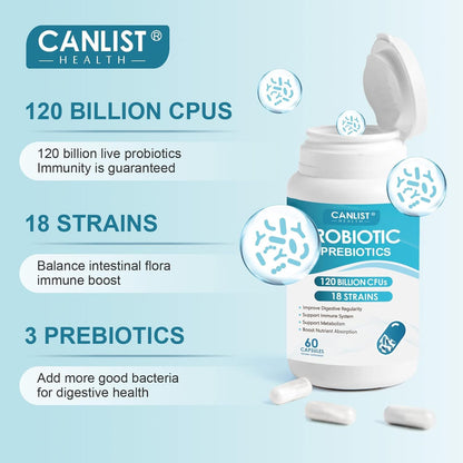 CANLIST Probiotics 120 Billion CFUs 18 Strains, 3 Prebiotics & Digestive Enzymes for Men Women,Digestive & Immune Support,Shelf Stable Non-GMO 60 Capsules