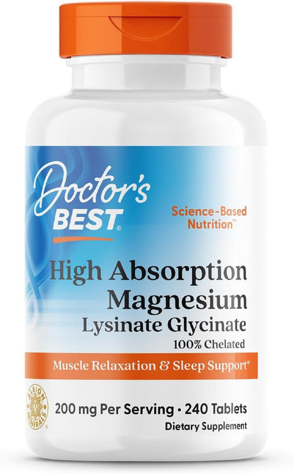 Doctor's Best High Absorption Magnesium Glycinate Lysinate Supplement for Sleep Support - Chelated Magnesium Tablets for Women & Men, 200mg per Serving, Supports Calm & Relaxation, Vegan - 240 Count