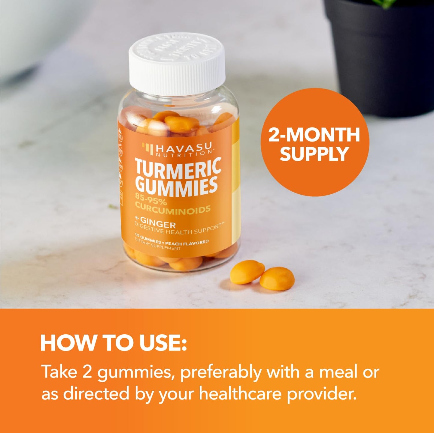 Turmeric Gummies, Peach, 60ct, Digestive & Immune Support for Wellness | Turmeric Gummies with Ginger Root Extract, Digestive Health & Immune Support for Overall Wellness, 1 Month Supply