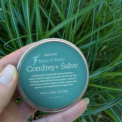 SPRIGS Organic Comfrey Salve for Skin – Herbal Moisturizing Balm with Aloe, Turmeric & Calendula | Coconut Oil & Beeswax Botanical Skin Care (2 oz)