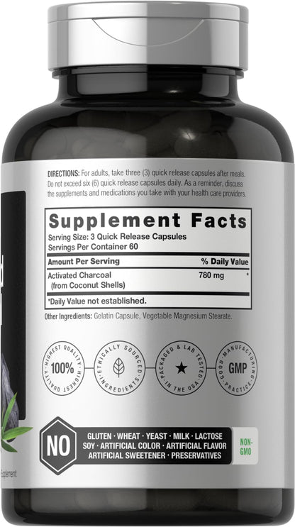 Horbaach Charcoal Pills 780mg | 180 Capsules | Activated Charcoal from Coconut Shells