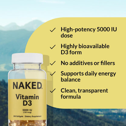 NAKED Vitamin D3 5000 IU – High Potency Vitamin D Supplement for Immune Support, Bone Strength, Muscle Function – 200 Vitamin D Softgels