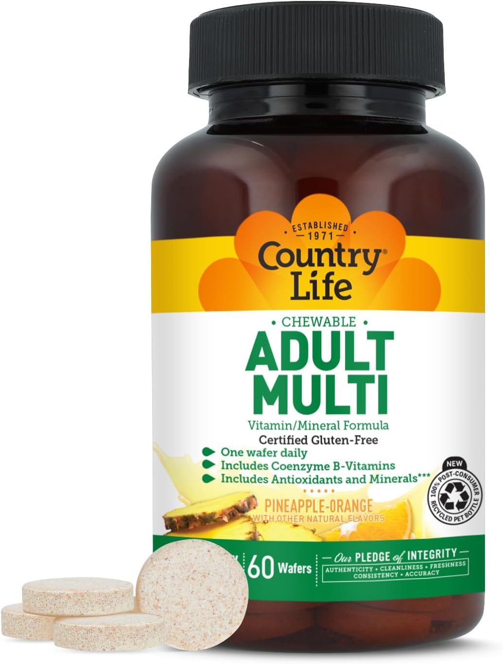Country Life Adult Chewable Multivitamin with Coenzyme B-Vitamins, Antioxidants, Minerals, Pineapple-Orange Flavor - Supports Energy Metabolism and Immune Health, Gluten Free - 60 Wafers